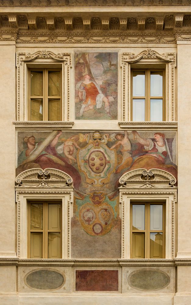 Fresco on a facade, CoA of Pope Pius IV (Medici) piazza di San Eustachio, Rome, Italy