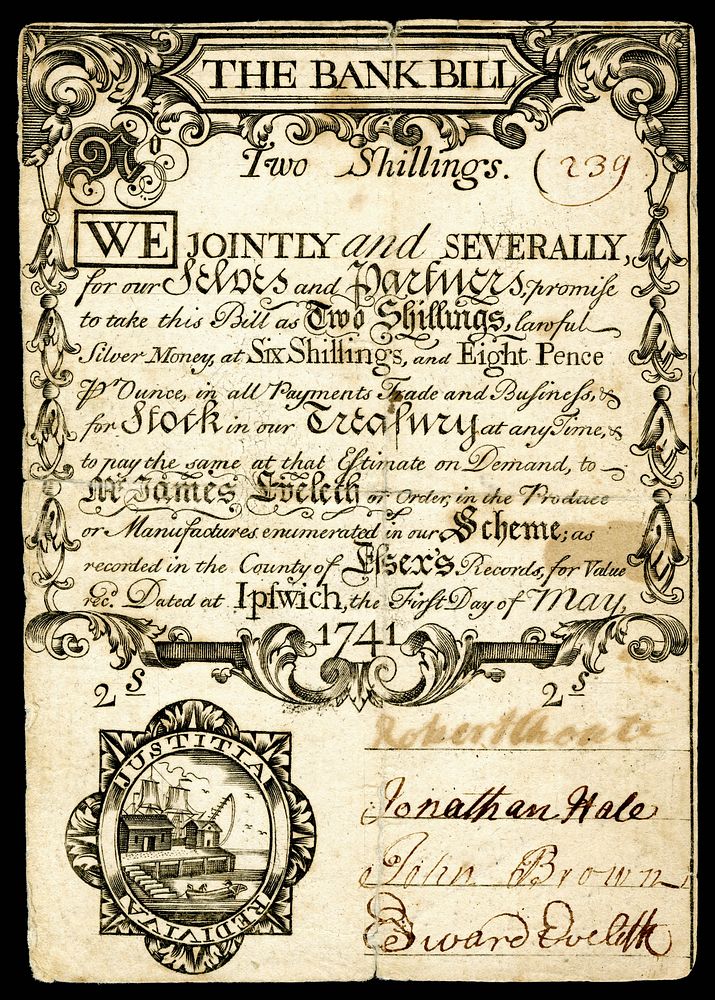 2s Colonial currency from the Province of Massachusetts Bay. Dated 1 May 1741, signed by Robert Choate, Jonathan Hale, John…
