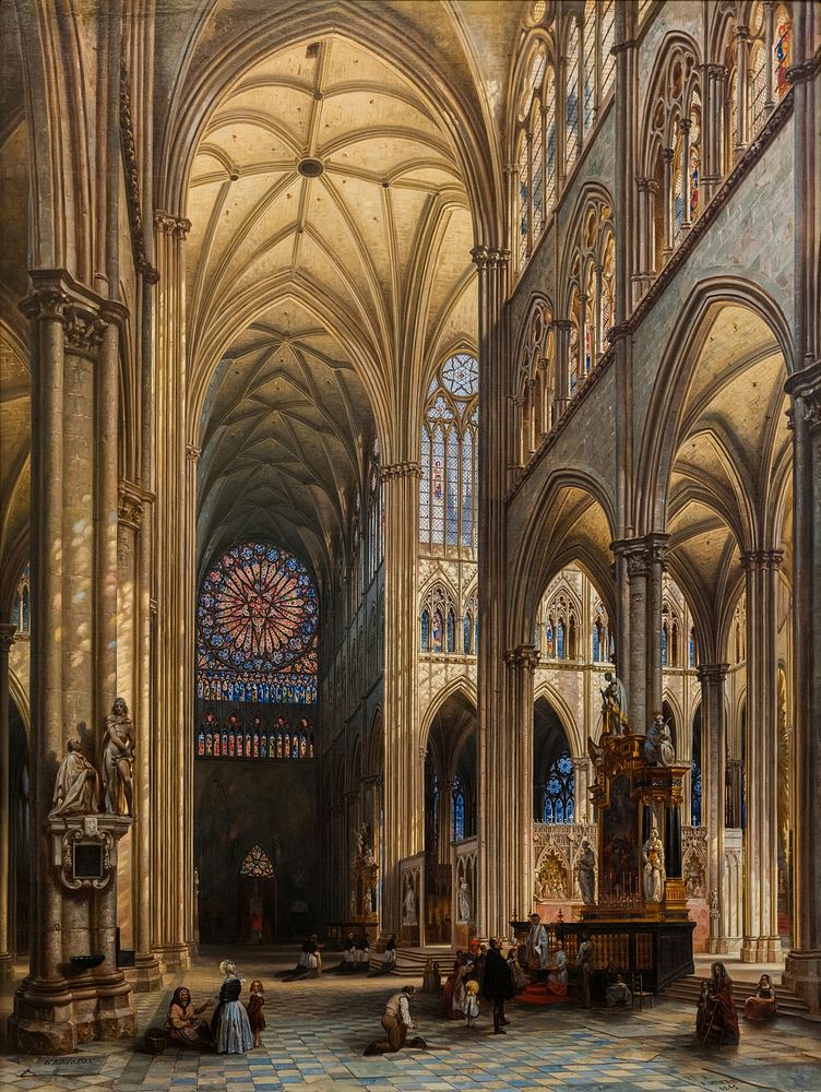 Interior of the Cathedral of Amiens, 1842, oil on canvas, by Jules Victor Génisson. Displayed in the Pinacoteca do Estado de…