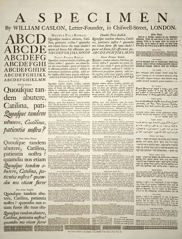 A specimen sheet of typefaces and languages, by William Caslon I, letter founder; dated 1734.