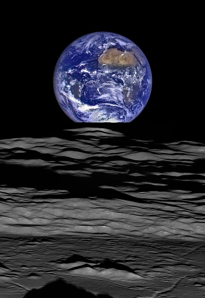 The Earth straddling the limb of the Moon, as seen from Lunar Reconnaissance Orbiter above Compton crater. The shadow in the…
