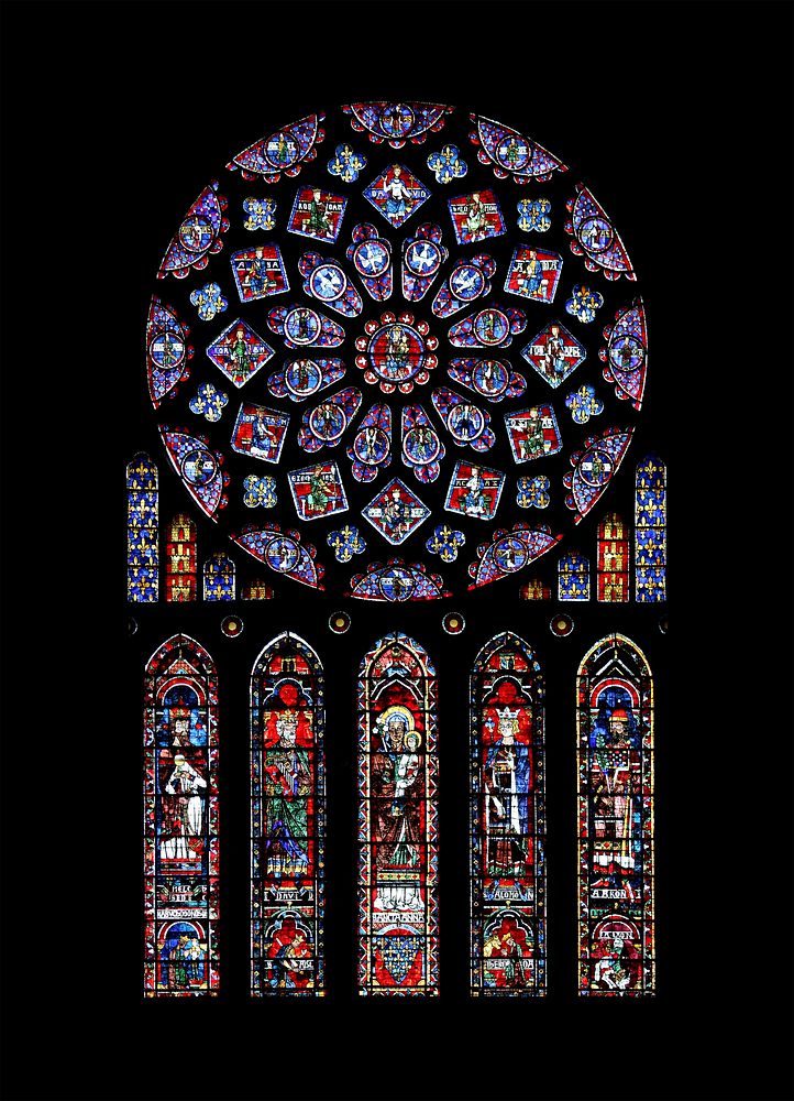 Northern rose window of Chartres cathedral. The rose depicts the Glorification of the Virgin Mary, surrounded by angels…