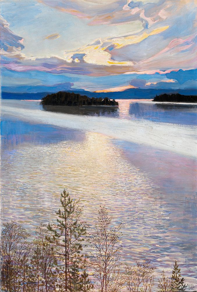 Lake view, oil painting. Original public domain image by Akseli Gallen-Kallela from Finnish National Gallery. Digitally…