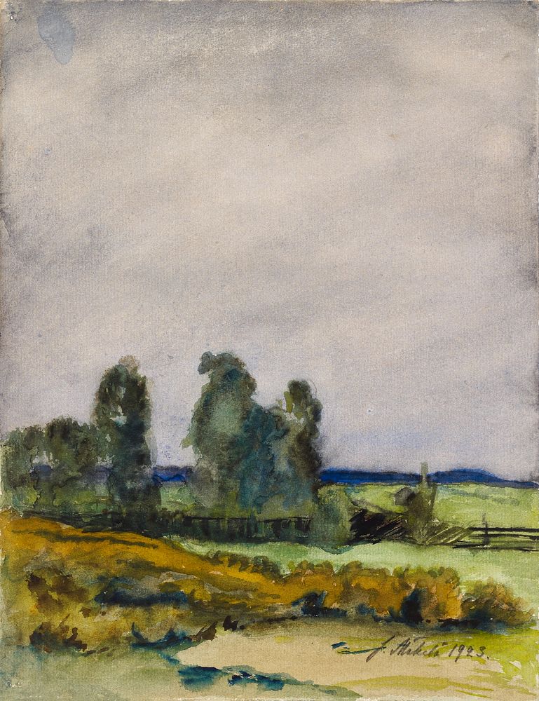 Lowland landscape, oil painting. Original public domain image by Juho Mäkelä from Finnish National Gallery. Digitally…