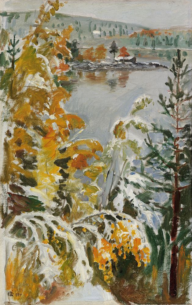 Autumn landscape, first snow, oil painting. Original public domain image by Akseli Gallen-Kallela from Finnish National…