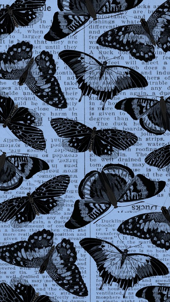 Blue butterfly patterned phone wallpaper, vintage insect background, remixed from the artwork of E.A. S&eacute;guy.