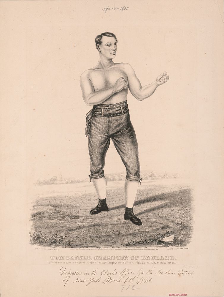 Tom Sayers, champion of England: born at Pimlico, near Brighton, England, in 1826, height 5 feet 8 inches, fighting weight…