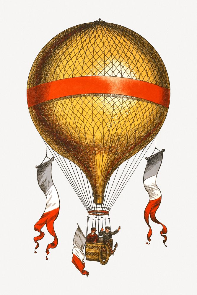 Hot air balloon with men riding in the basket psd.  Remastered by rawpixel
