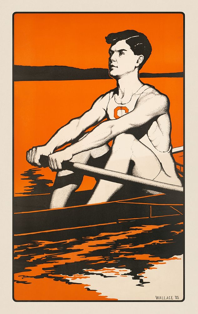 Syracuse University (1905), young crewman sitting in a racing shell grasping an oar. Original public domain image from the…