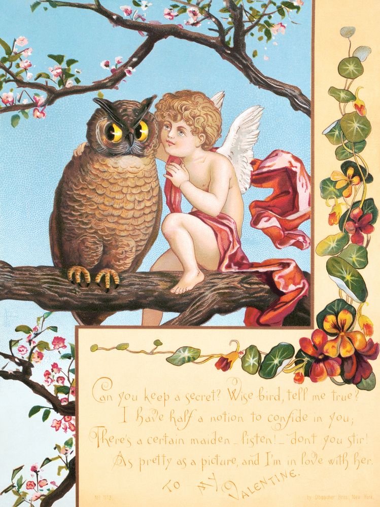 Can you keep a secret? Wise bird, tell me true? (1884) Cherub sitting on a tree branch, speaking to an owl illustration by…