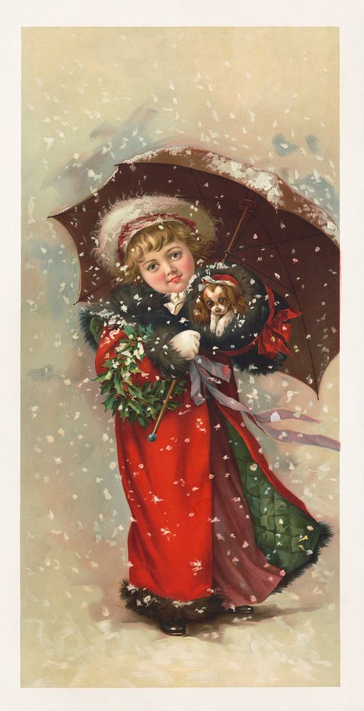 Girl in red coat with Christmas wreath, umbrella, and puppy in the snow (1900).  Original public domain image from the…