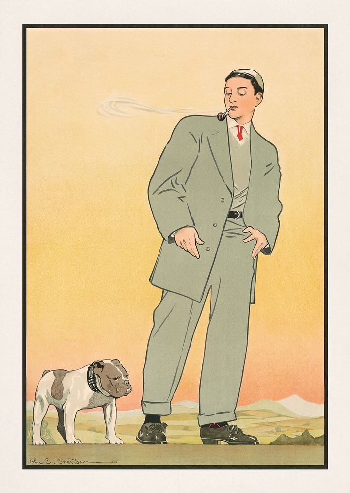 Young man in gray suit smoking a pipe and looking at a dog (1906) by John E. Sheridan. Original public domain image from the…