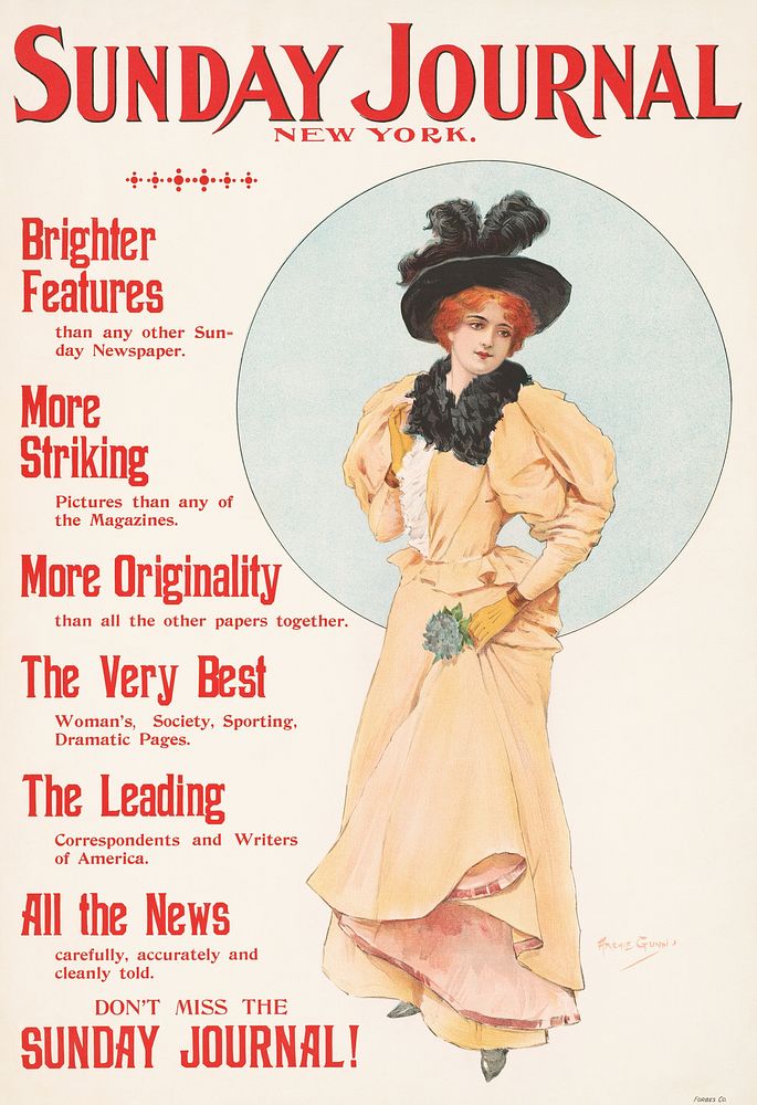 Sunday Journal, New York, brighter features than any other Sunday newspaper (1896) by Archie Gunn. Original public domain…