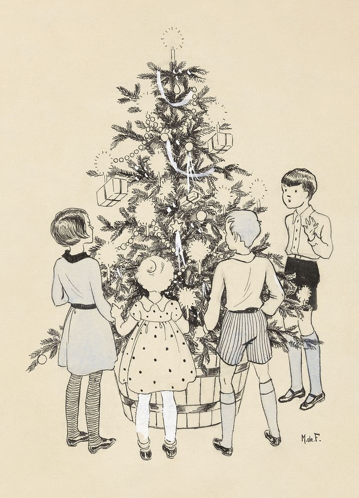 Four children around a Christmas tree (1928-1941) drawing by Miep de Feijter. Original public domain image from the…