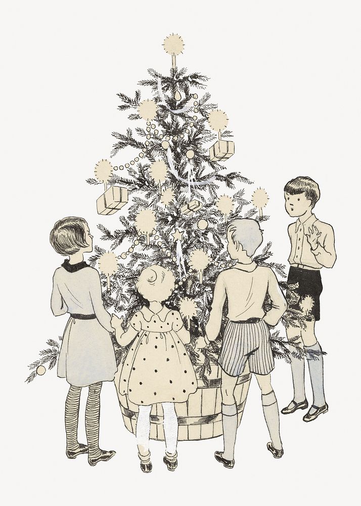 Kids gathering around Christmas tree.   Remastered by rawpixel