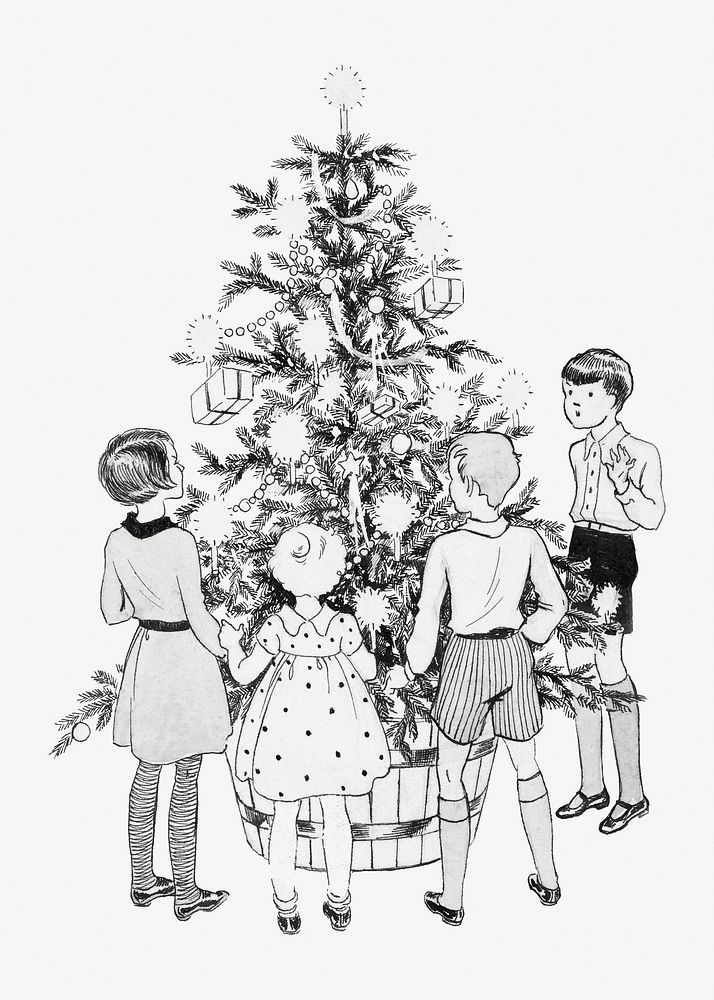 Kids gathering around Christmas tree.   Remastered by rawpixel