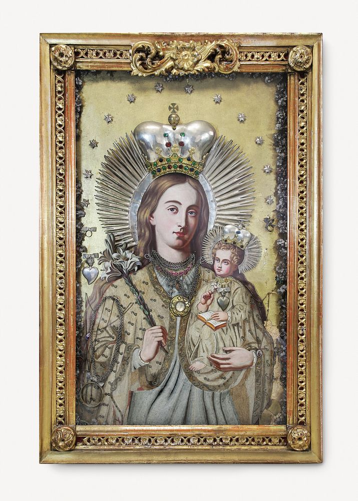 Picture frame mockup, vintage gold luxurious design psd, with Madonna and Child painting, remixed by rawpixel.