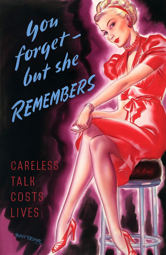 You forget - but she remembers. Careless talk costs lives (1939-1946) poster. Original public domain image from Wikimedia…