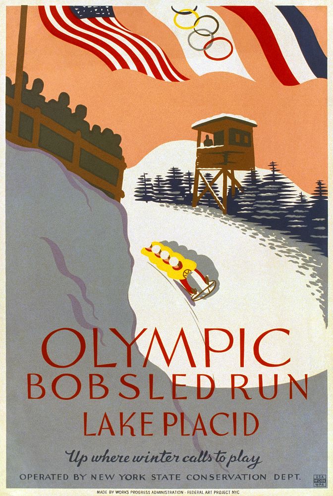 "Olympic bobsled run, Lake Placid Up where winter calls to play." (1936-1938) poster by Works Progress Administration…