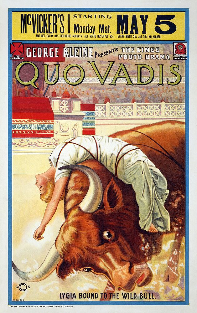 George Kleine presents the Cines photo drama Quo Vadis: Lygia Bound to the Wild Bull (1913) vintage poster. Original public…