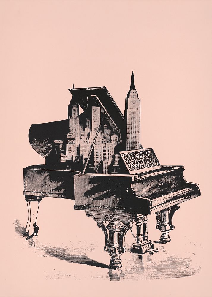 Vintage piano, cityscape illustration.  Remixed by rawpixel.