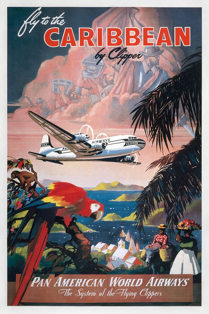 Fly to the Caribbean by Clipper. Pan American World Airways (1935) vintage poster by Mark Von Arenburg. Original public…