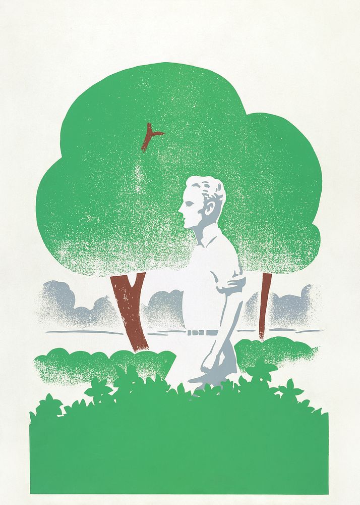 Man walking in green park illustration.  Remixed by rawpixel.