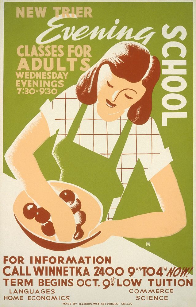 New Trier evening school Classes for adults, Wednesday evenings 7:30 - 9:30. (1936) vintage poster by Illinois WPA Art…