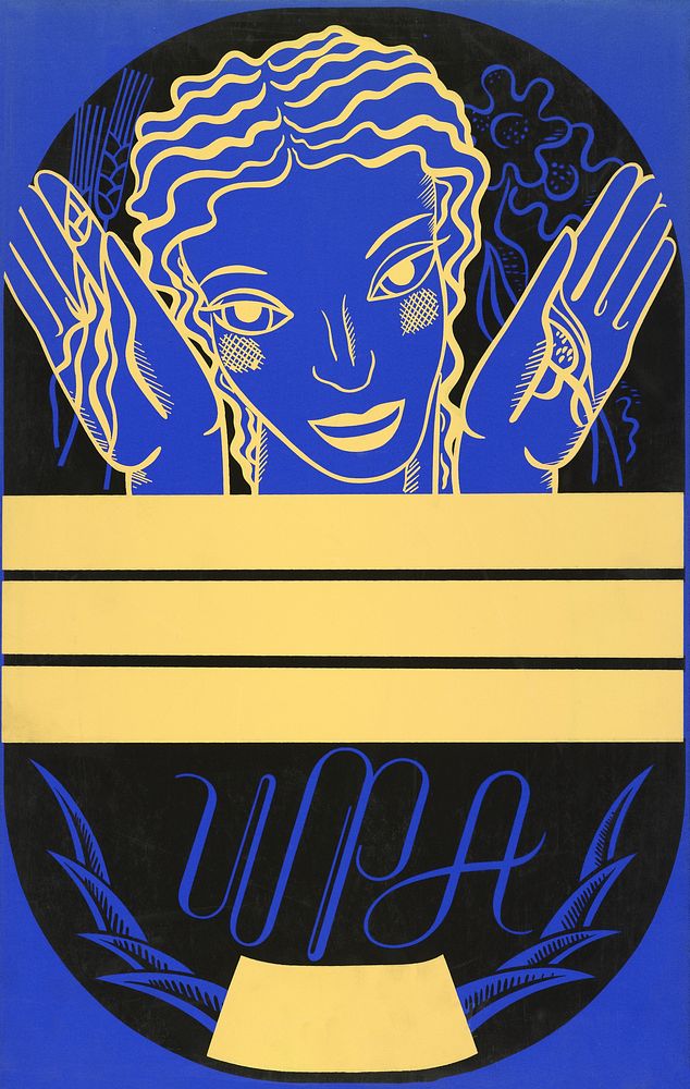 WPA poster design on blue background showing the head and hands of a woman holding flowers and wheat above a blank banner…
