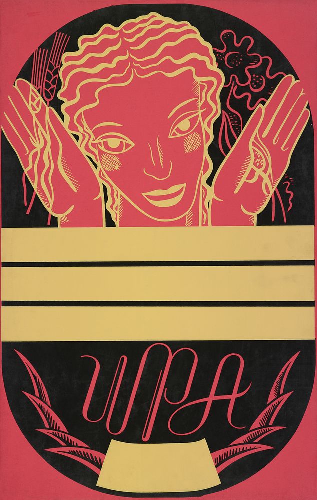 WPA poster design on blue background showing the head and hands of a woman holding flowers and wheat above a blank banner…