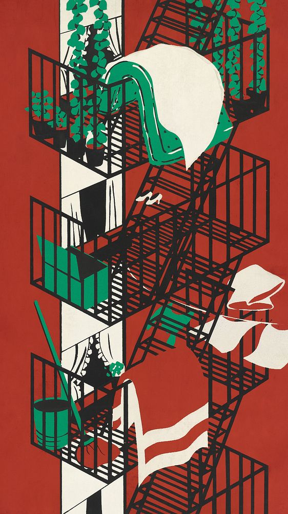 Fire escape iPhone wallpaper, red apartment illustration.   Remixed by rawpixel.