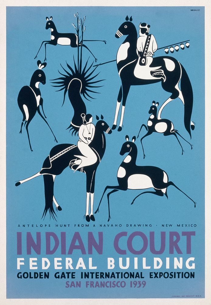 Indian court, Federal Building, Golden Gate International Exposition, San Francisco, 1939 Antelope hunt from a Navaho…