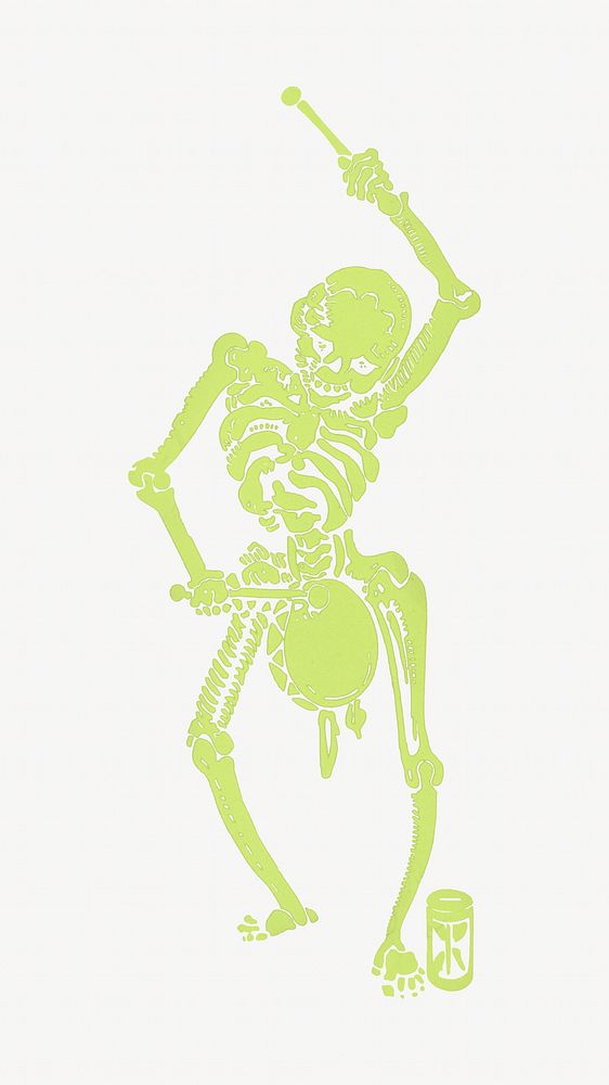 Green skeleton playing drum illustration.  Remixed by rawpixel.