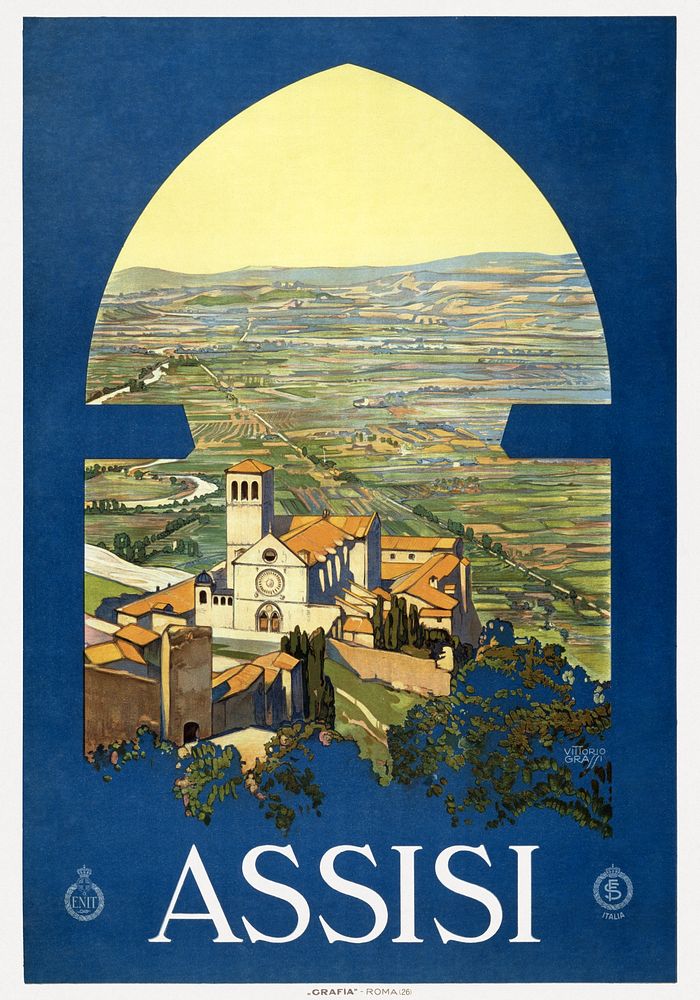 Assisi, the countryside as if from a window in a tower (1920) vintage poster by Vittorio Grassi. Original public domain…