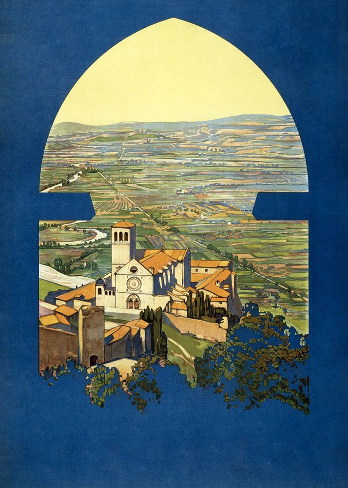 Assisi, the countryside as if from a window in a tower poster.   Remixed by rawpixel.