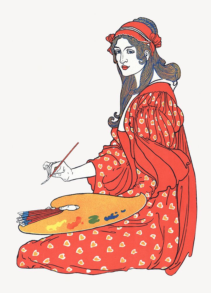 Woman with paint palette, vintage character illustration.   Remixed by rawpixel.