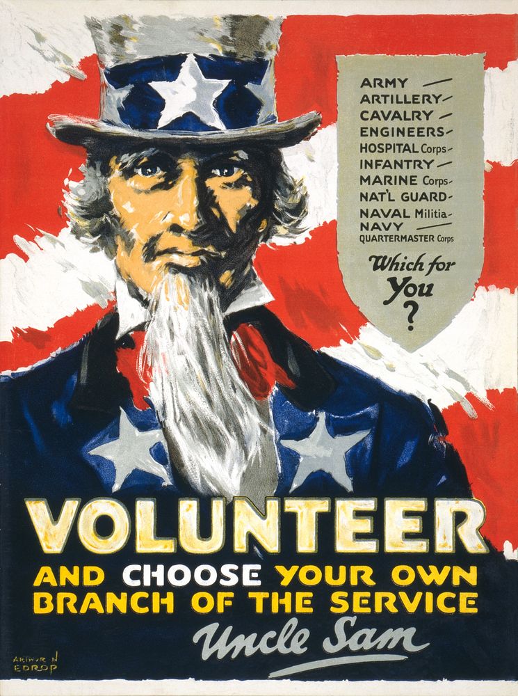 Volunteer, and choose your own branch of the service - Uncle Sam (1917) poster by Arthur N. Edrop. Original public domain…