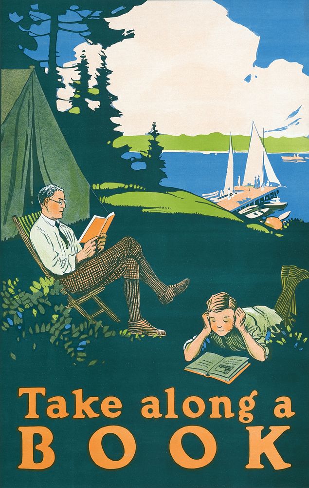 Take along a book (1910) camping poster by Magnus Norstad. Original public domain image from the Library of Congress.…