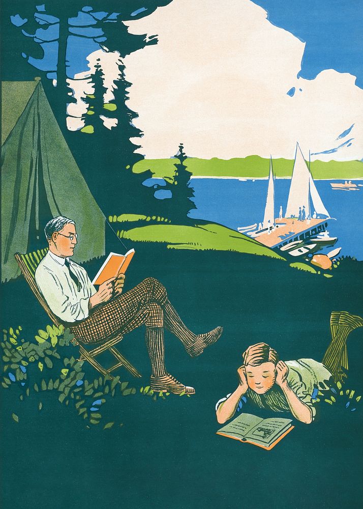 Take along a book, camping poster.   Remixed by rawpixel.