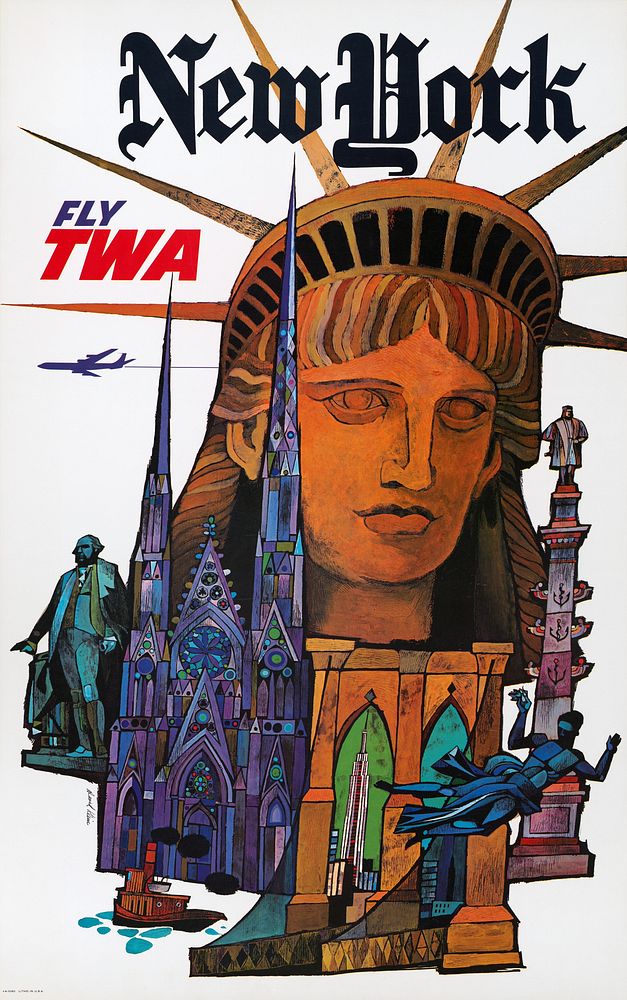 New York - Fly TWA (1970) vintage poster by David Klein. Original public domain image from the Library of Congress.…