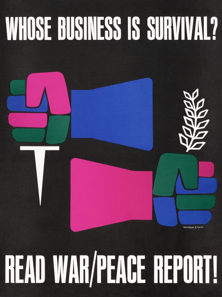 Whose business is survival? Read war/peace report! (1962) vintage poster by Harvey Appelbaum. Original public domain image…