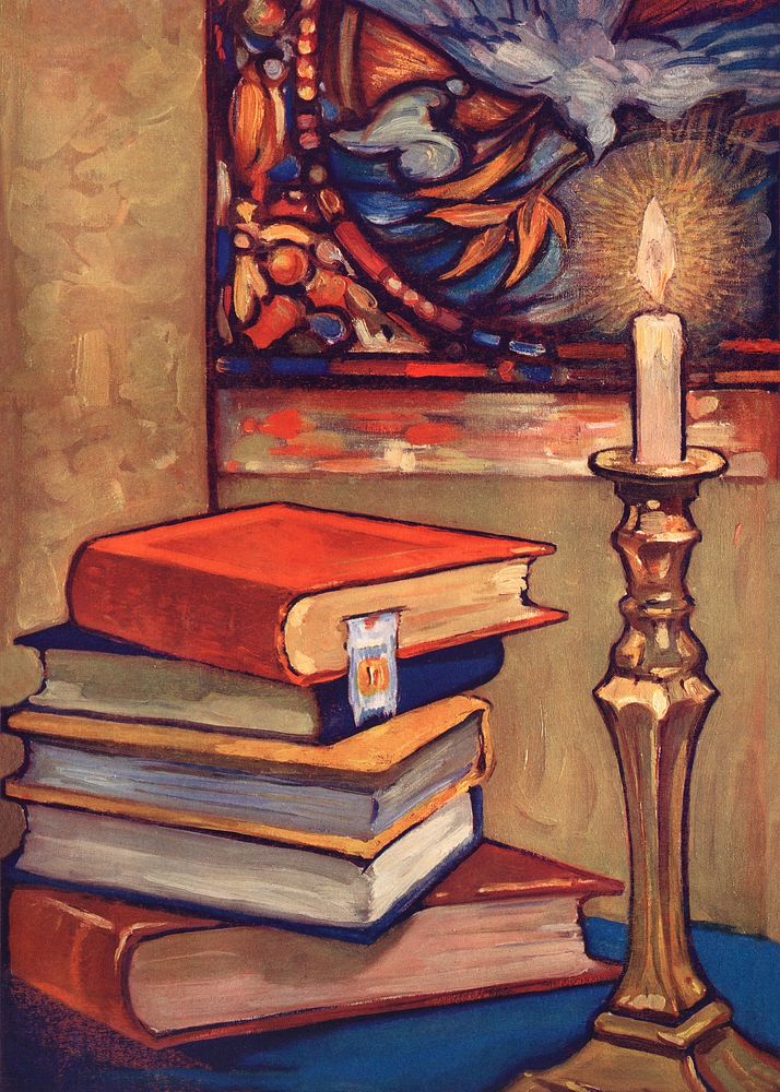 Candle by book stacks background, night reading illustration   Remixed by rawpixel.