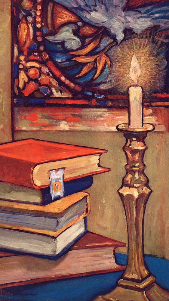 Night reading iPhone wallpaper, candle by book stack illustration.   Remixed by rawpixel.