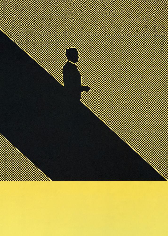 Silhouette man down escalator illustration.  Remixed by rawpixel.
