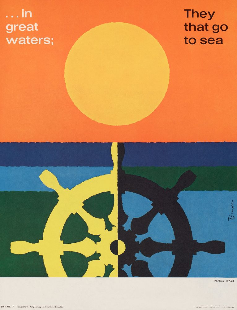 In great water; ... Psalms 107:23. (1963) vintage poster by Joseph Binder. Original public domain image from the Library of…