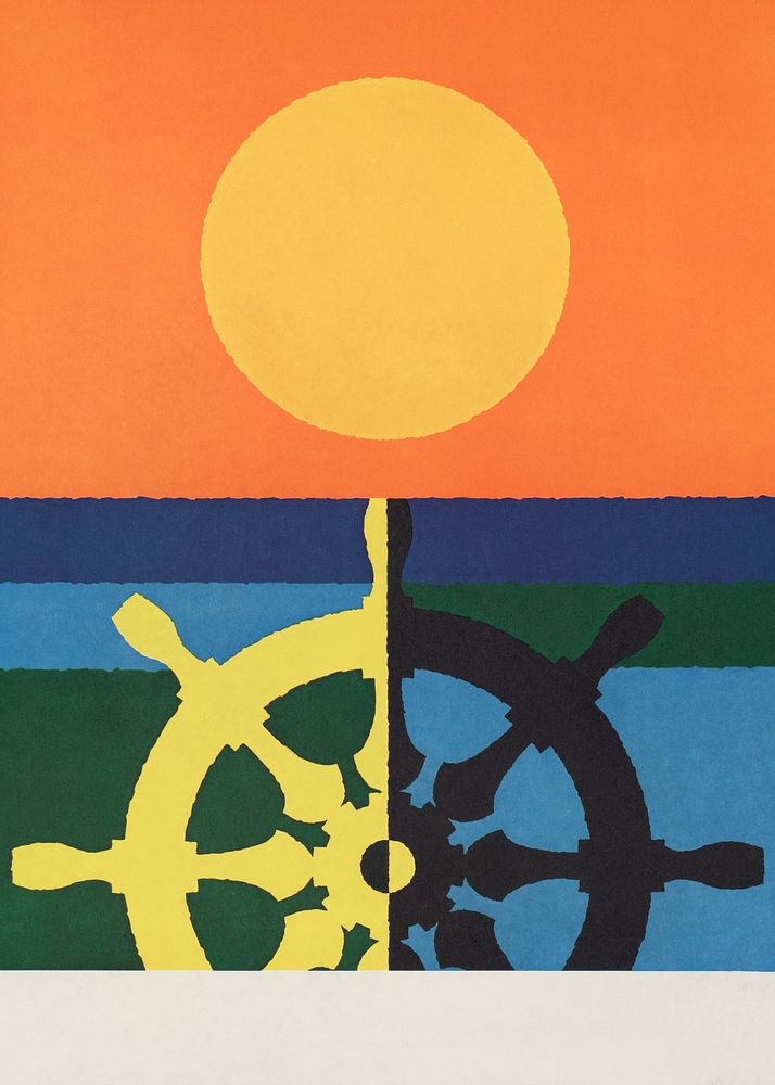 Ship steering wheel, sunset illustration.  Remixed by rawpixel.