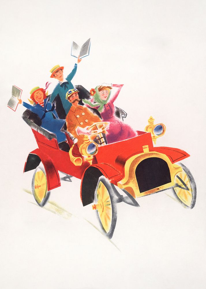 Book lovers on a car illustration.   Remixed by rawpixel.