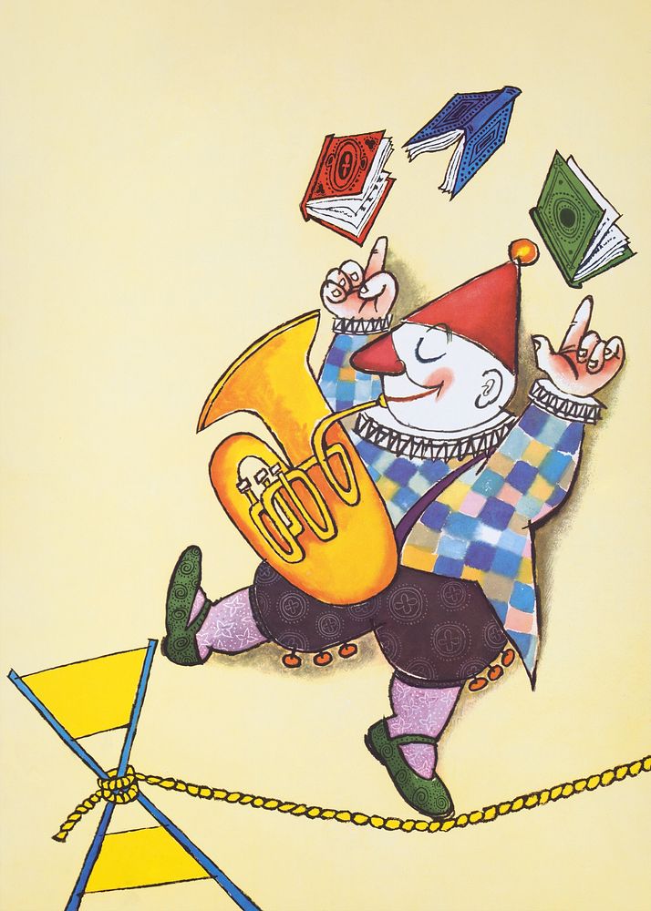Clown playing tuba, character illustration.  Remixed by rawpixel.