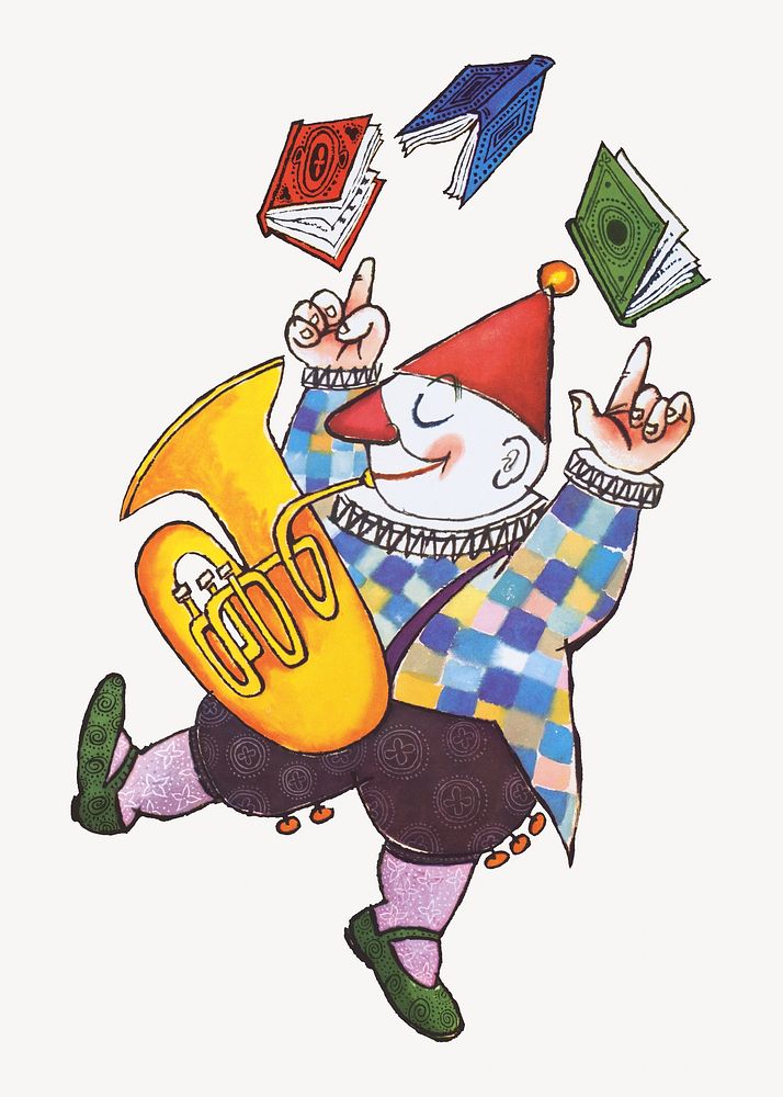 Clown playing tuba, character illustration.  Remixed by rawpixel.