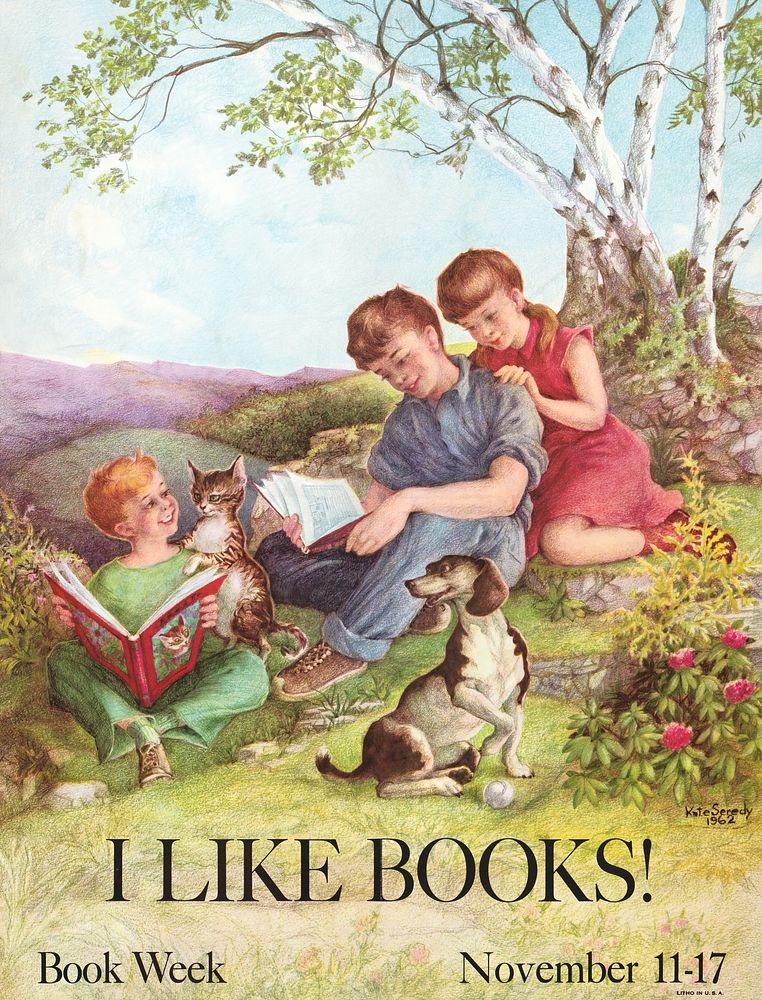 I like books! Book week, November 11-17 (1962) vintage poster by Kate Seredy. Original public domain image from the Library…